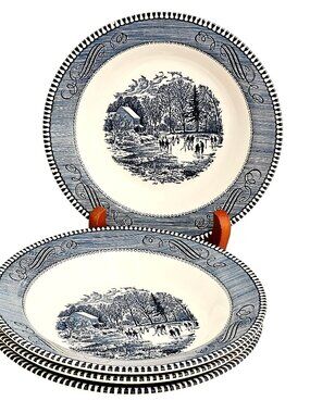 4 Currier Ives Early Winter Bowl 8" soup salad Royal Pottery blue white made USA